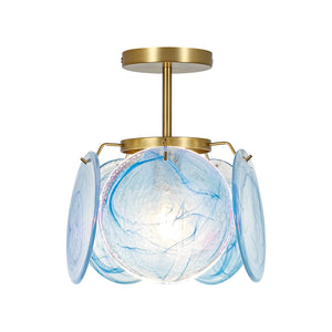 LightFixturesUSA-Glam Blue Iridescent Swirl Glass Round 1-Light Semi Flush-Chandelier-Blue-
