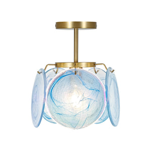 LightFixturesUSA-Glam Blue Iridescent Swirl Glass Round 1-Light Semi Flush-Chandelier-Blue-