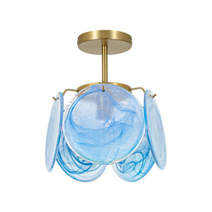 LightFixturesUSA-Glam Blue Iridescent Swirl Glass Round 1-Light Semi Flush-Chandelier-Blue-