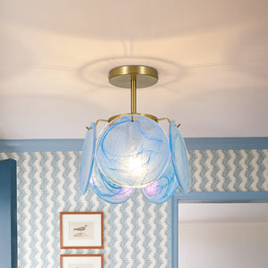 LightFixturesUSA-Glam Blue Iridescent Swirl Glass Round 1-Light Semi Flush-Chandelier-Blue-