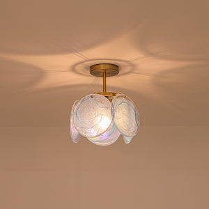 LightFixturesUSA-Glam Blue Iridescent Swirl Glass Round 1-Light Semi Flush-Chandelier-Blue-