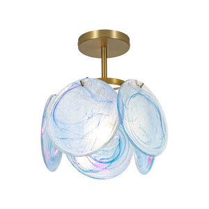 LightFixturesUSA-Glam Blue Iridescent Swirl Glass Round 1-Light Semi Flush-Chandelier-Blue-