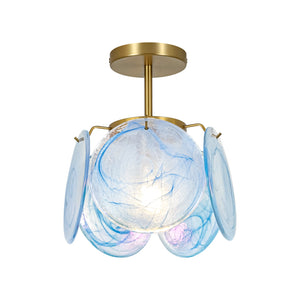 LightFixturesUSA-Glam Blue Iridescent Swirl Glass Round 1-Light Semi Flush-Chandelier-Blue-