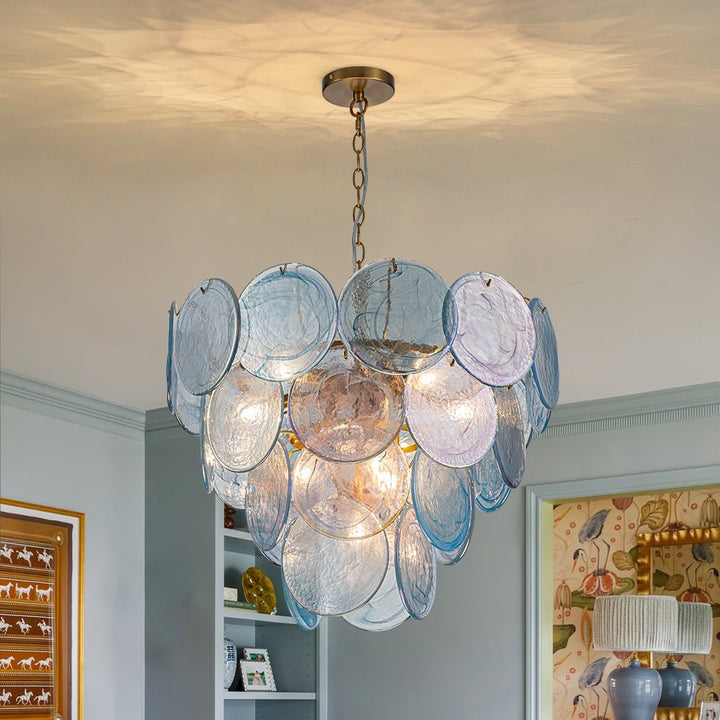 LightFixturesUSA - Glam Blue Iridescent Swirl Glass Round Tiered Chandelier - Chandelier - Medium - 