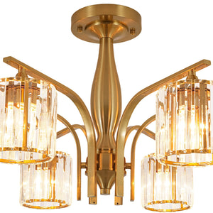 LightFixturesUSA-Glam Brass Faceted Crystal 6-Light Semi Flush Chandelier-Chandelier-Brass-