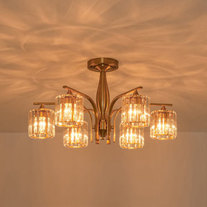 LightFixturesUSA-Glam Brass Faceted Crystal 6-Light Semi Flush Chandelier-Chandelier-Brass-