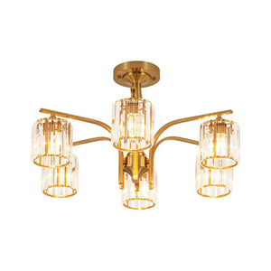 LightFixturesUSA-Glam Brass Faceted Crystal 6-Light Semi Flush Chandelier-Chandelier-Brass-