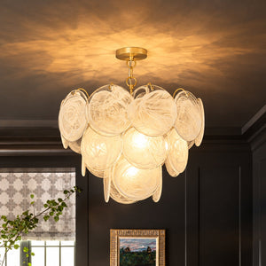 LightFixturesUSA-Glam Brass Opal Swirl Glass Round Tiered Chandelier-Chandelier-21 in-