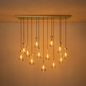 LightFixturesUSA-Glam Cluster 13-Light Teardrop Glass Linear Island Pendant-Chandelier-Brass-