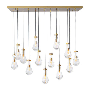LightFixturesUSA-Glam Cluster 13-Light Teardrop Glass Linear Island Pendant-Chandelier-Brass-