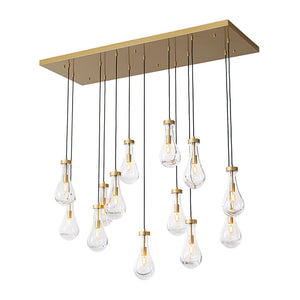 LightFixturesUSA-Glam Cluster 13-Light Teardrop Glass Linear Island Pendant-Chandelier-Brass-