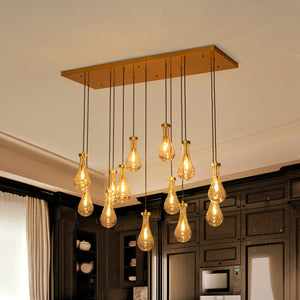 LightFixturesUSA-Glam Cluster 13-Light Teardrop Glass Linear Island Pendant-Chandelier-Brass-