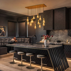LightFixturesUSA-Glam Cluster 13-Light Teardrop Glass Linear Island Pendant-Chandelier-Brass-