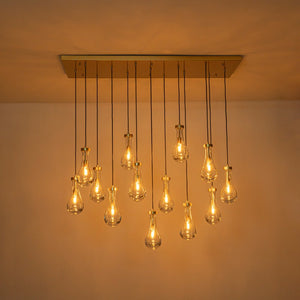 LightFixturesUSA-Glam Cluster 13-Light Teardrop Glass Linear Island Pendant-Chandelier-Brass-