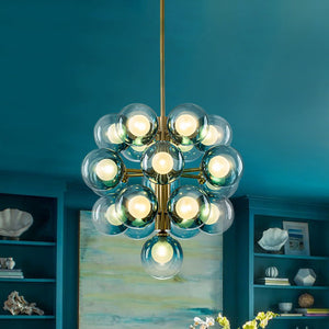 LightFixturesUSA - Glam Cluster White Blue Glass Bubble Tiered Chandelier - Chandelier - Brass - 