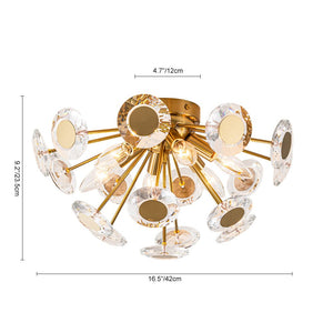 LightFixturesUSA-Glam Crystal Accent Brass Sunburst Semi Flush Light-Ceiling Light-Brass-