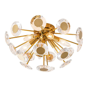 LightFixturesUSA-Glam Crystal Accent Brass Sunburst Semi Flush Light-Ceiling Light-Brass-