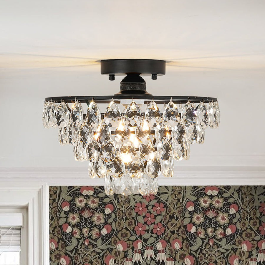LightFixturesUSA - Glam Faceted Crystal Round Tiered Semi Flush Mount Light - Ceiling Light - Black - 