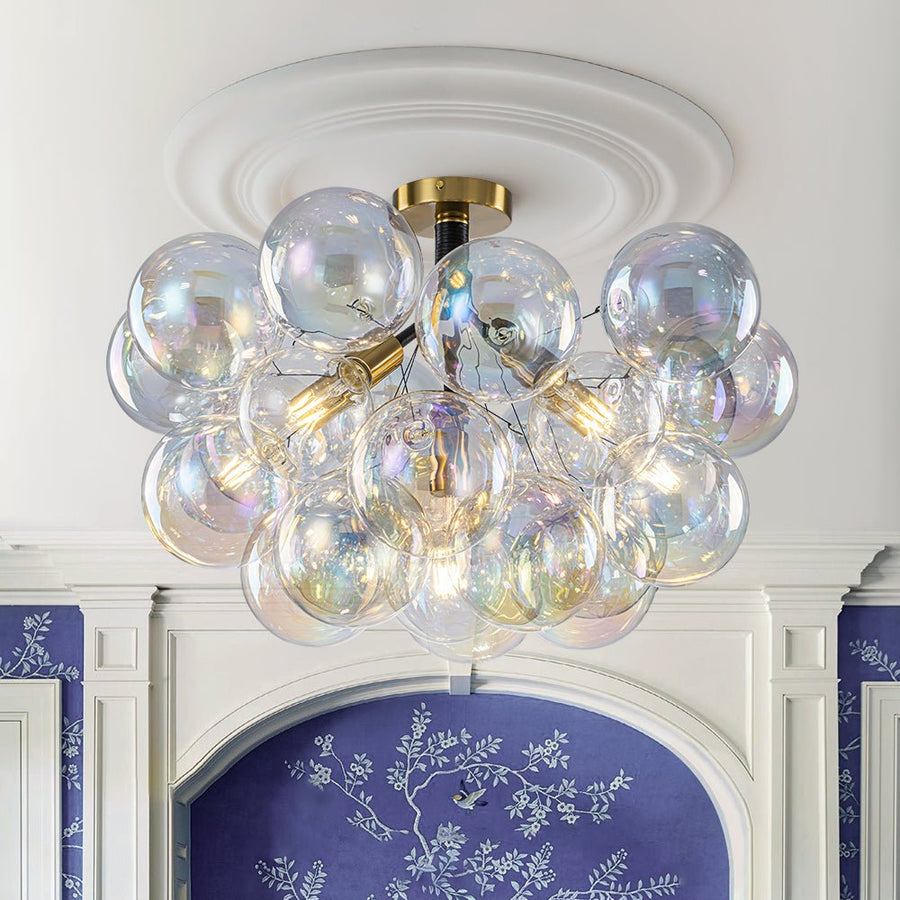 LightFixturesUSA - Glam Iridescent Glass Cluster Bubble Semi Flush Chandelier - Chandelier - Black+Brass - 