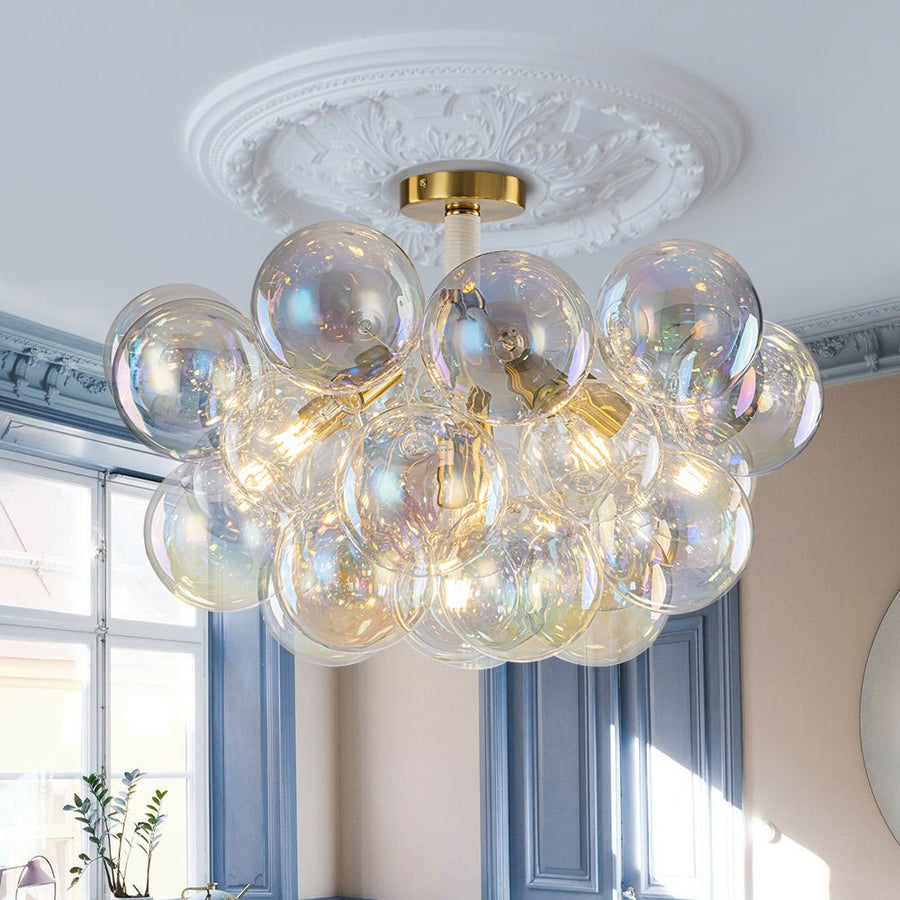 LightFixturesUSA - Glam Iridescent Glass Cluster Bubble Semi Flush Chandelier - Chandelier - White+Brass - 