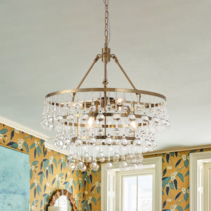 LightFixturesUSA-Glam Luxe Brass Tiered Crystal Raindrop Round Chandelier-Chandelier-Brass-