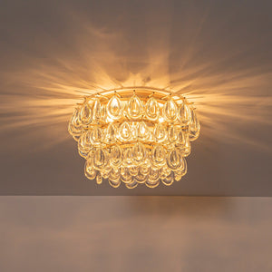 LightFixturesUSA-Glam Luxe Round Tiered Crystal Teardrop Semi Flush Mount-Ceiling Light-Brass-