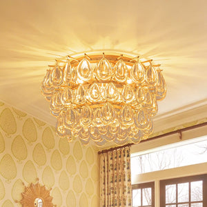 LightFixturesUSA-Glam Luxe Round Tiered Crystal Teardrop Semi Flush Mount-Ceiling Light-Brass-