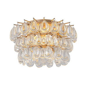 LightFixturesUSA-Glam Luxe Round Tiered Crystal Teardrop Semi Flush Mount-Ceiling Light-Brass-