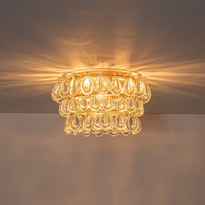 LightFixturesUSA-Glam Luxe Round Tiered Crystal Teardrop Semi Flush Mount-Ceiling Light-Brass-