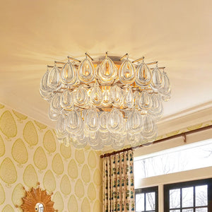 LightFixturesUSA-Glam Luxe Round Tiered Crystal Teardrop Semi Flush Mount Chandelier-Chandelier-Brass-