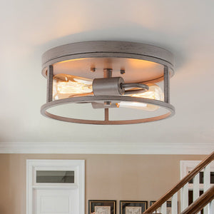 LightFixturesUSA - Grey Wood Grain Drum Cage Flush Mount Ceiling Light - Ceiling Light - 2 - Lt - 