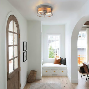 LightFixturesUSA - Grey Wood Grain Drum Cage Flush Mount Ceiling Light - Ceiling Light - 2 - Lt - 