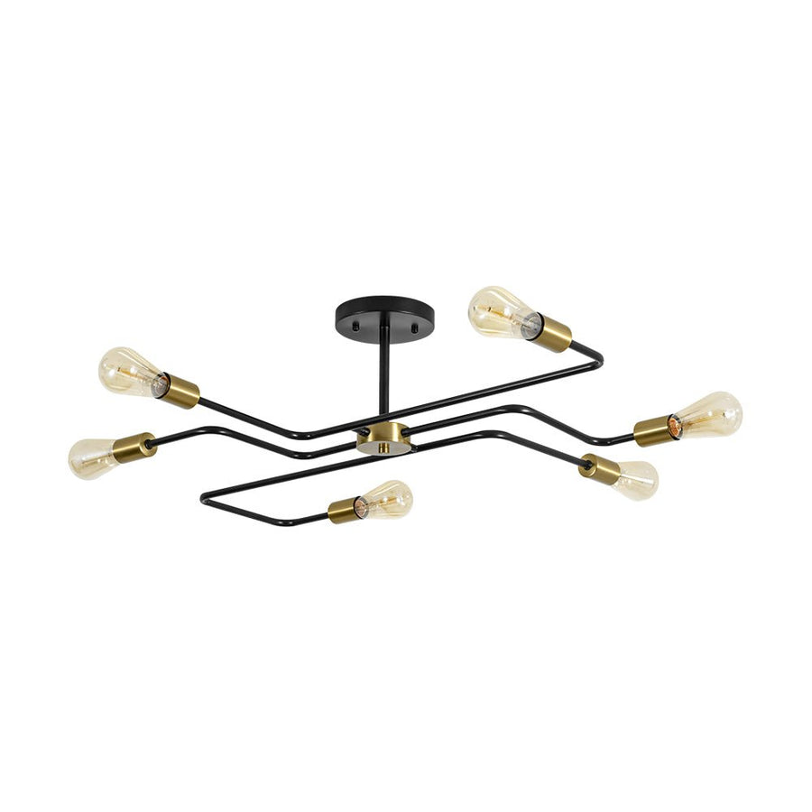 LightFixturesUSA - Industrial 6 - Light Pipeline Sputnik Semi Flush Mount - Ceiling Light - Black + Brass - 