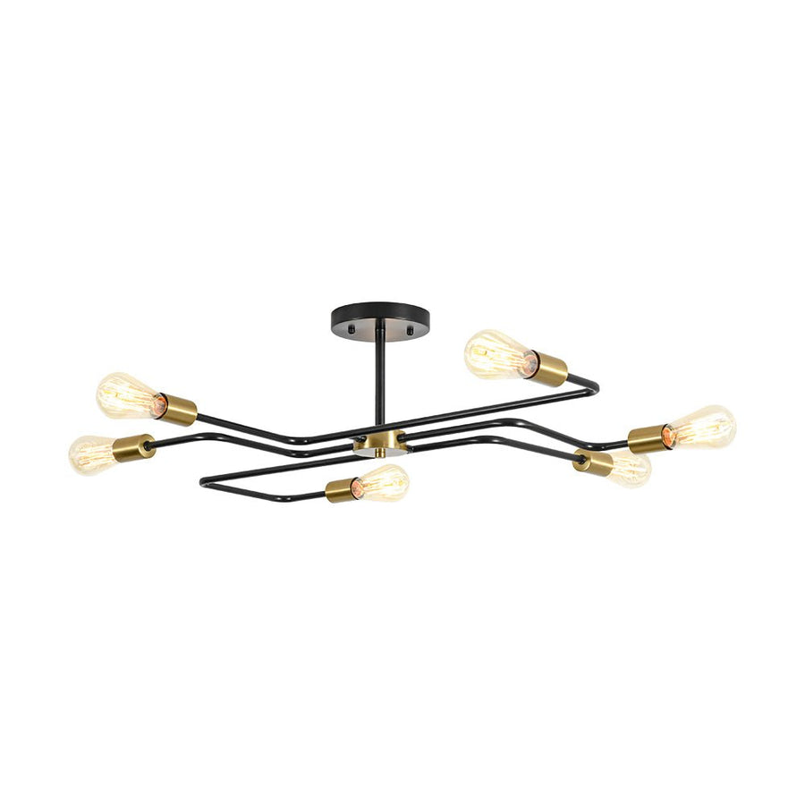 LightFixturesUSA - Industrial 6 - Light Pipeline Sputnik Semi Flush Mount - Ceiling Light - Black + Brass - 