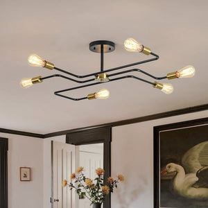 LightFixturesUSA - Industrial 6 - Light Pipeline Sputnik Semi Flush Mount - Ceiling Light - Black + Brass - 
