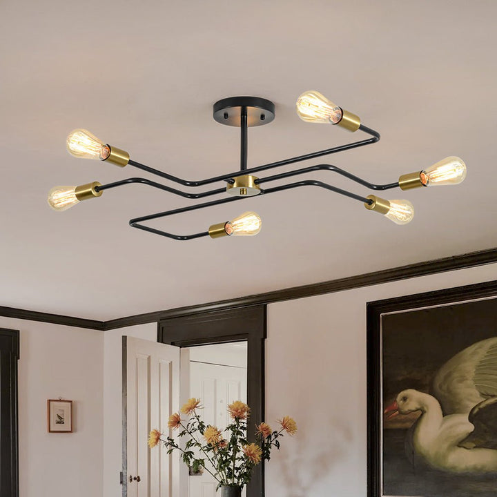 LightFixturesUSA - Industrial 6 - Light Pipeline Sputnik Semi Flush Mount - Ceiling Light - Black + Brass - 