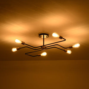 LightFixturesUSA - Industrial 6 - Light Pipeline Sputnik Semi Flush Mount - Ceiling Light - Black + Brass - 