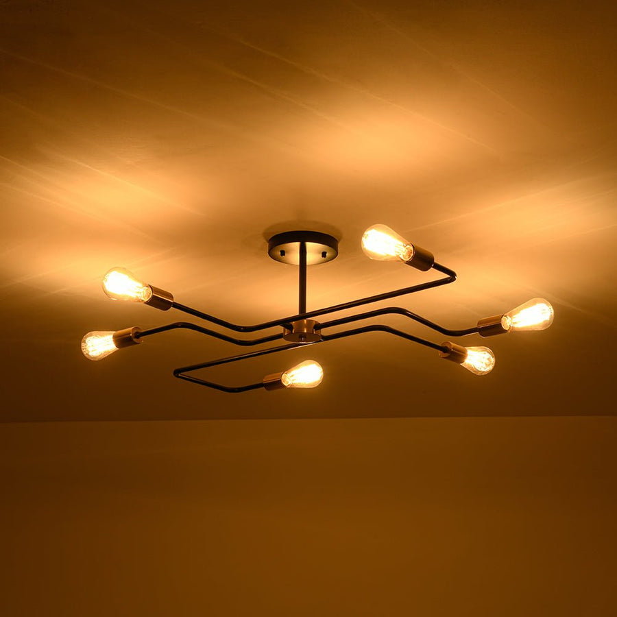 LightFixturesUSA - Industrial 6 - Light Pipeline Sputnik Semi Flush Mount - Ceiling Light - Black + Brass - 