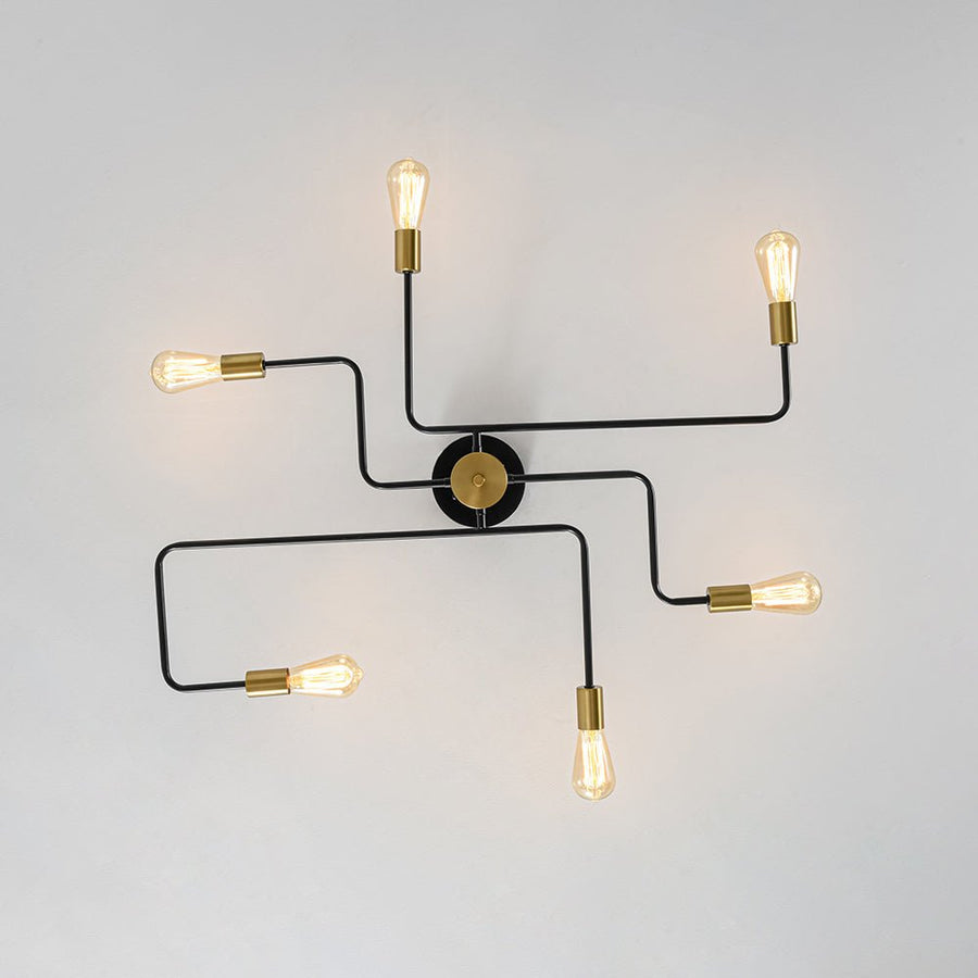 LightFixturesUSA - Industrial 6 - Light Pipeline Sputnik Semi Flush Mount - Ceiling Light - Black + Brass - 
