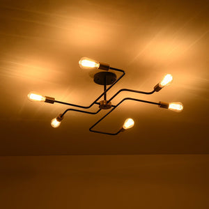 LightFixturesUSA - Industrial 6 - Light Pipeline Sputnik Semi Flush Mount - Ceiling Light - Black + Brass - 