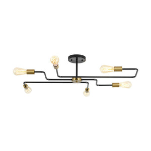 LightFixturesUSA - Industrial 6 - Light Pipeline Sputnik Semi Flush Mount - Ceiling Light - Black + Brass - 
