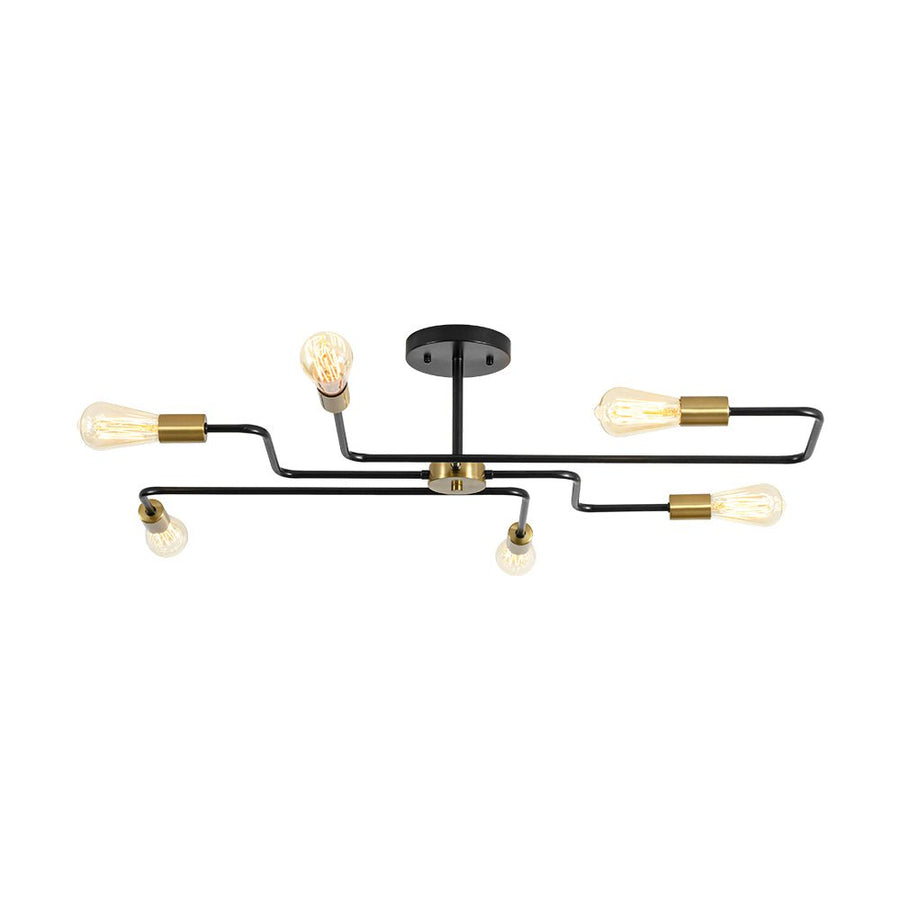 LightFixturesUSA - Industrial 6 - Light Pipeline Sputnik Semi Flush Mount - Ceiling Light - Black + Brass - 