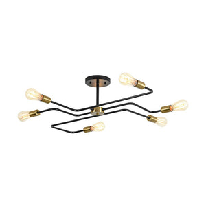 LightFixturesUSA - Industrial 6 - Light Pipeline Sputnik Semi Flush Mount - Ceiling Light - Black + Brass - 
