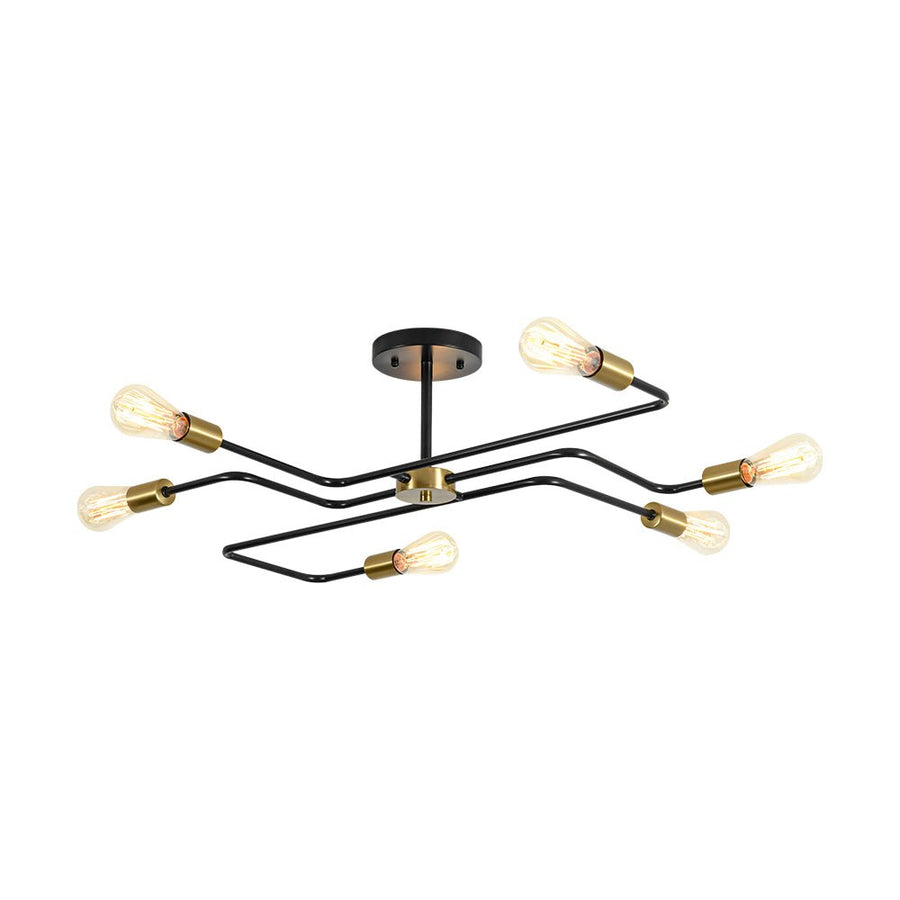 LightFixturesUSA - Industrial 6 - Light Pipeline Sputnik Semi Flush Mount - Ceiling Light - Black + Brass - 