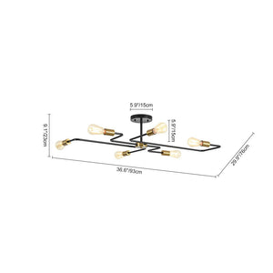 LightFixturesUSA - Industrial 6 - Light Pipeline Sputnik Semi Flush Mount - Ceiling Light - Black + Brass - 
