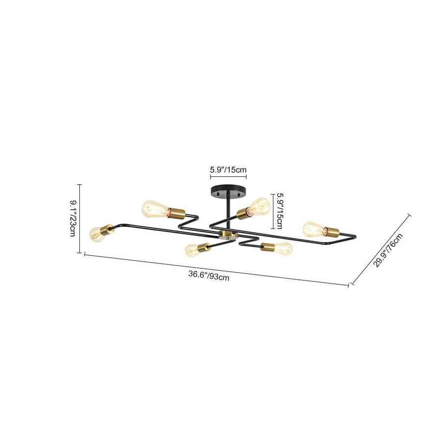 LightFixturesUSA - Industrial 6 - Light Pipeline Sputnik Semi Flush Mount - Ceiling Light - Black + Brass - 