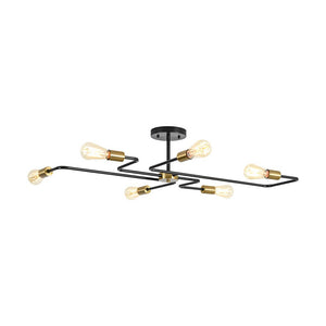 LightFixturesUSA - Industrial 6 - Light Pipeline Sputnik Semi Flush Mount - Ceiling Light - Black + Brass - 