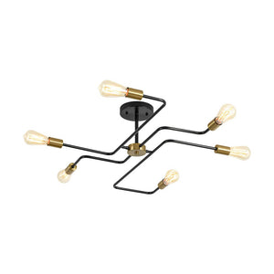 LightFixturesUSA - Industrial 6 - Light Pipeline Sputnik Semi Flush Mount - Ceiling Light - Black + Brass - 