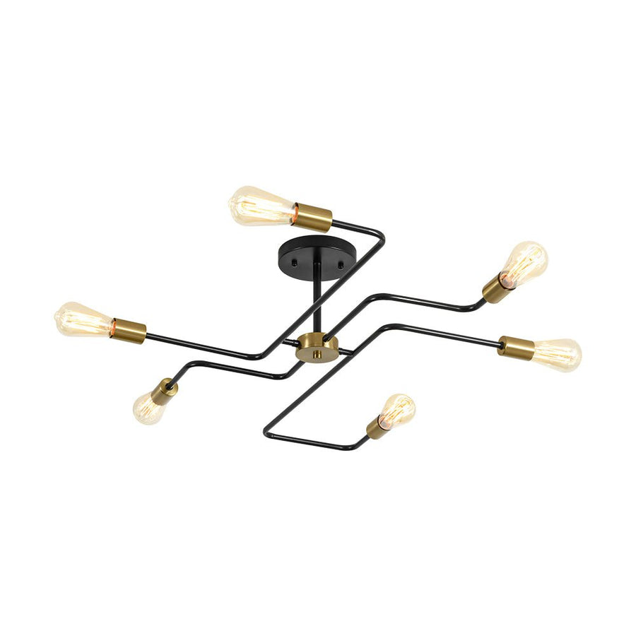 LightFixturesUSA - Industrial 6 - Light Pipeline Sputnik Semi Flush Mount - Ceiling Light - Black + Brass - 