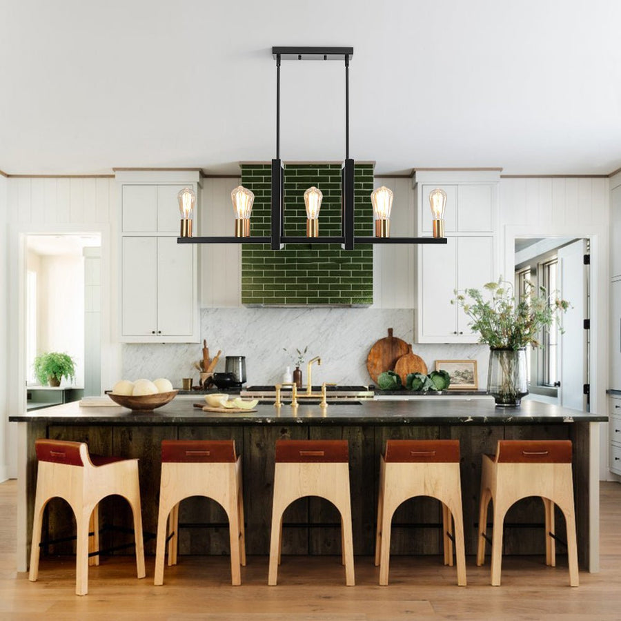 LightFixturesUSA - Industrial 8 - Light Rectangular Kitchen Island Chandelier - Chandelier - Black + Brass - 